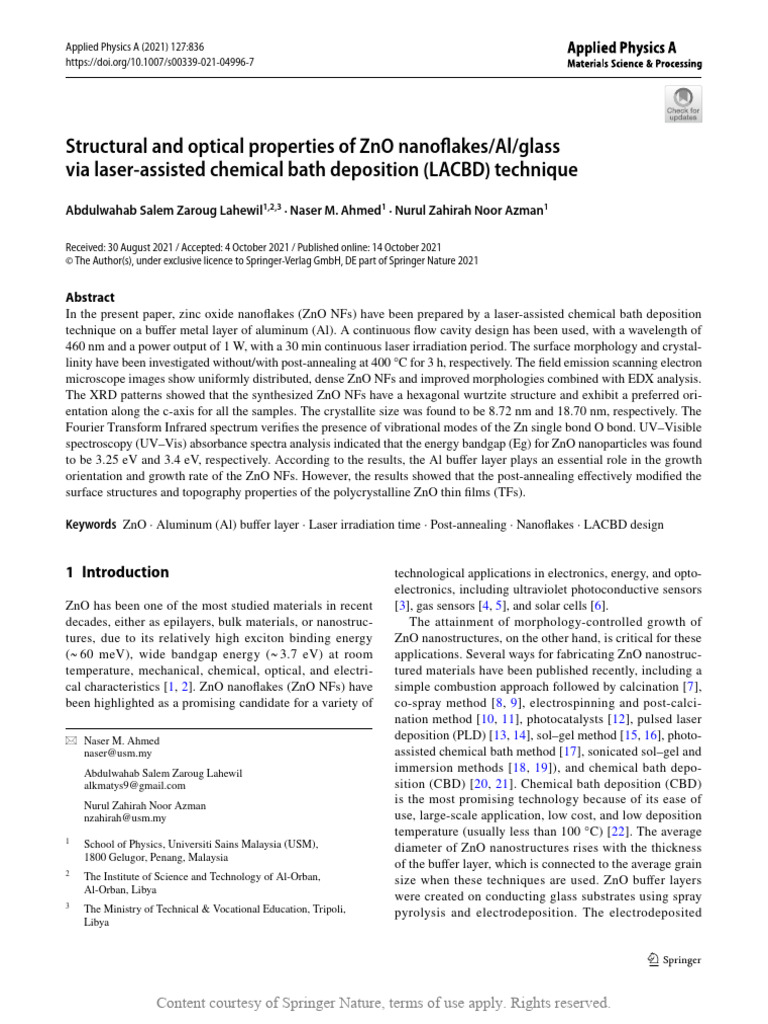 ZnO Nanoflakes via Laser-Assisted Deposition | PDF | Zinc Oxide ...