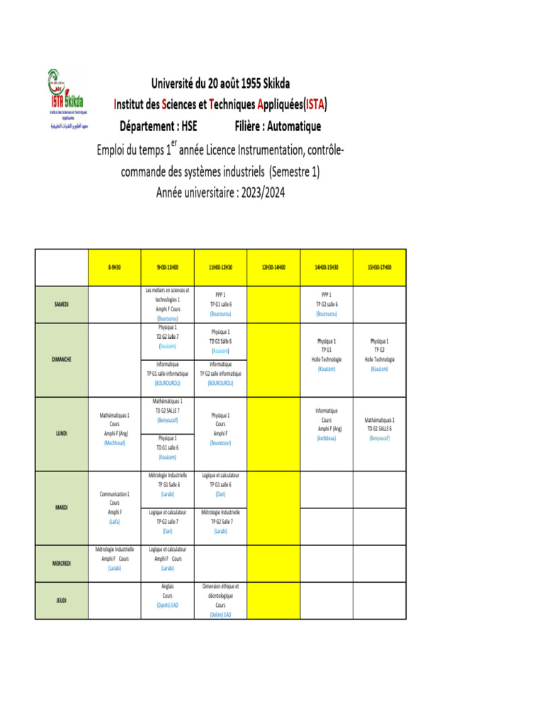 Emploi du temps Licence Instrumentation 2023 | PDF | Demande | Observation