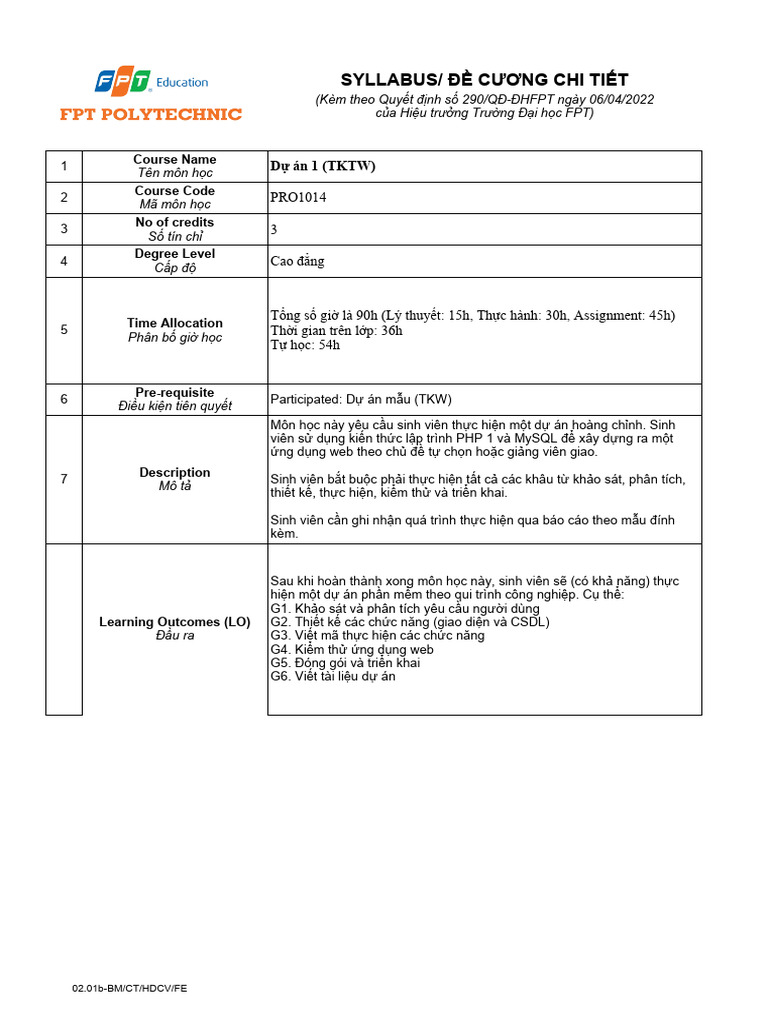 Pro1014 - Du An 1 (TKTW) - Syllabus - Su22 | PDF