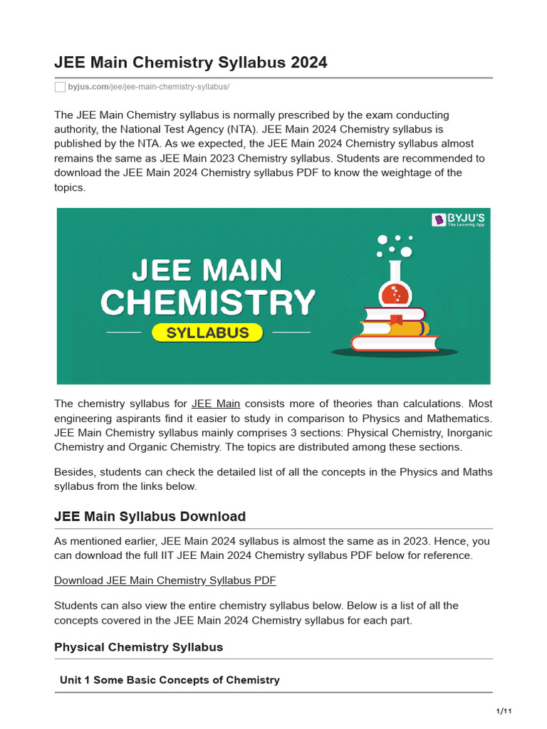 JEE Main Chemistry Syllabus 2024 | PDF | Chemical Bond | Chemical Reactions