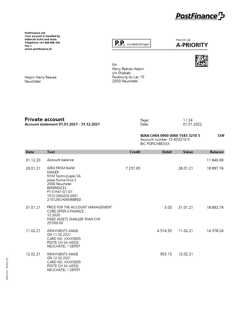 Neuchâtel PostFinance Account Statement | PDF | Debit Card | Debits And ...