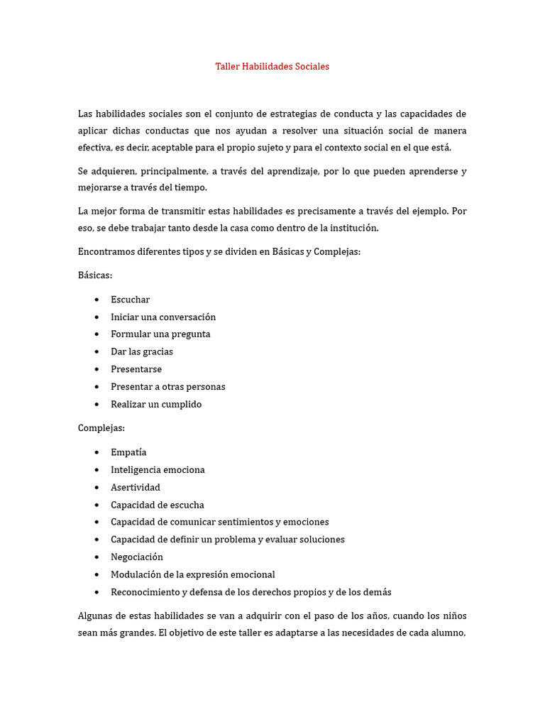 Taller de Habilidades Sociales para Niños | PDF | Habilidades sociales ...