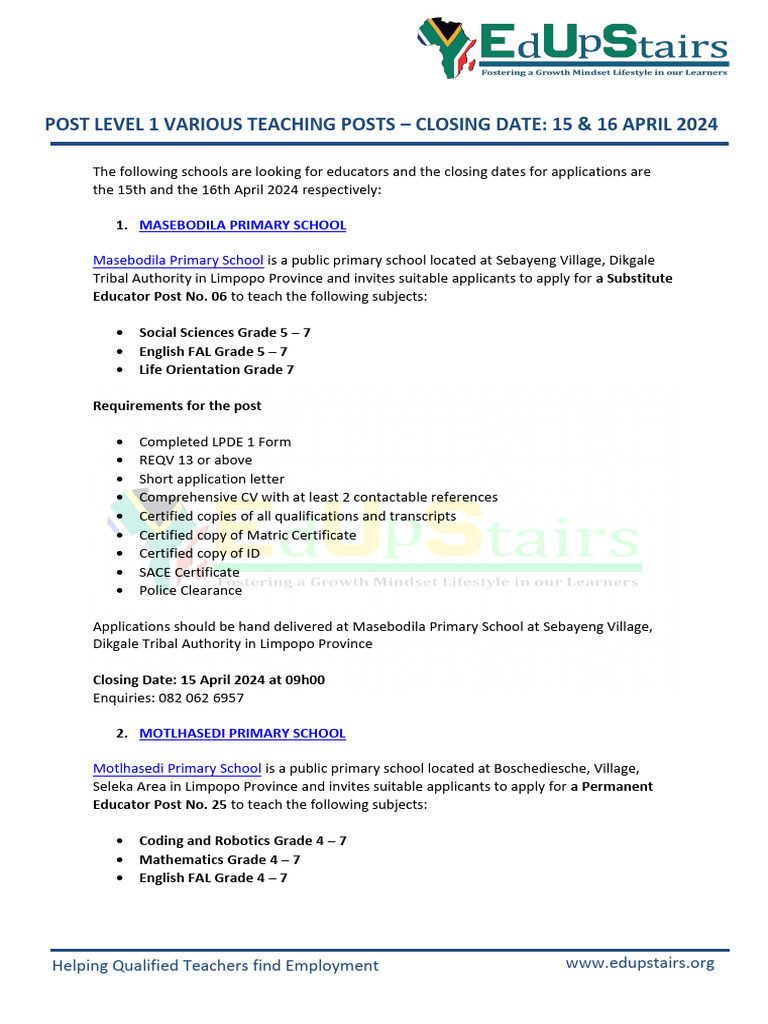 Teaching Posts in Limpopo & Gauteng 2024 | PDF | Teachers | Middle Schools