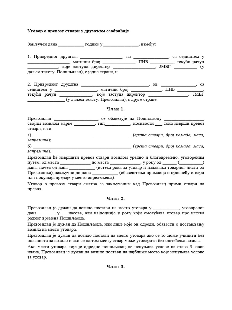 Ugovor o Prevozu Stvari U Drumskom Saobracaju | PDF
