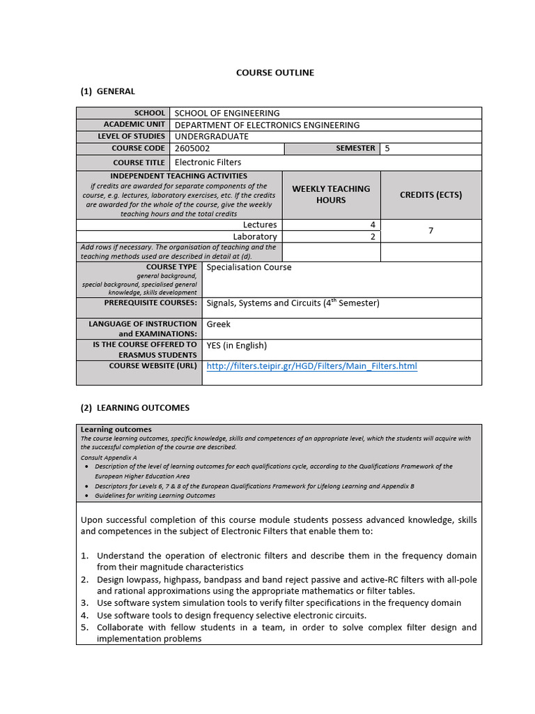 Electronic Filters Course Outline | PDF | Electronic Filter | Low Pass ...