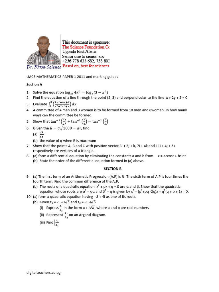 UACE Mathematics Paper 1 2011 Guide | PDF | Equations | Square Root