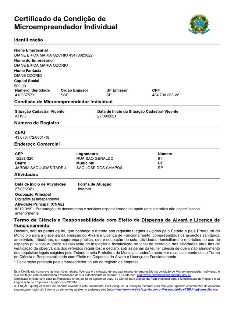 Certificado de Microempreendedor Individual | PDF