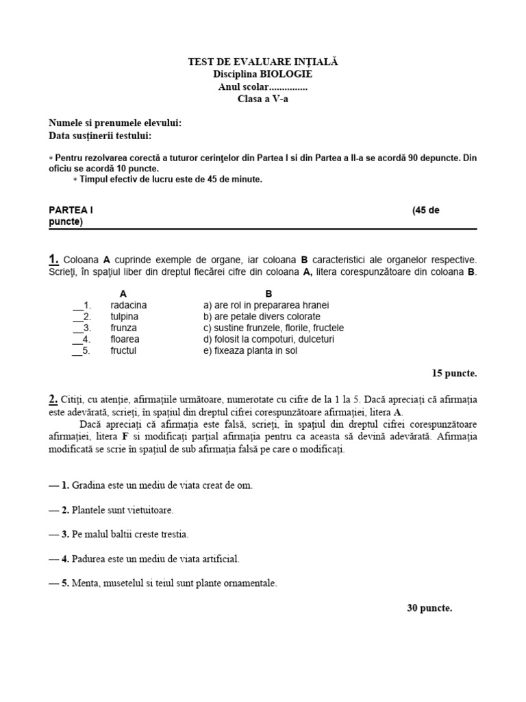 Test Initial Clasa A V - A Bio | PDF