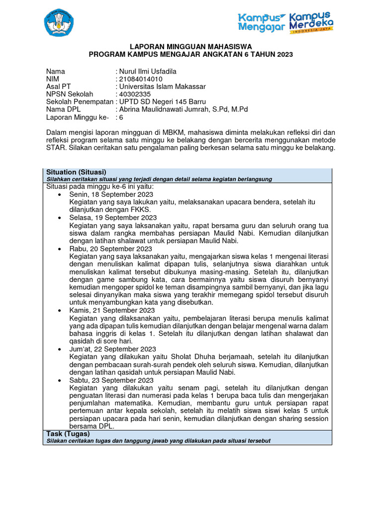 Format Laporan Mingguan Mahasiswa Km 6 Pdf