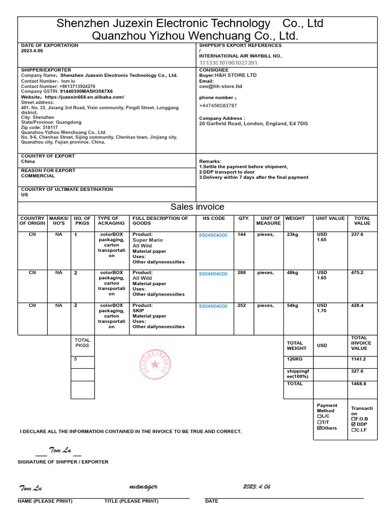 Commercial Invoice for Export Shipment | PDF | Packaging And Labeling ...