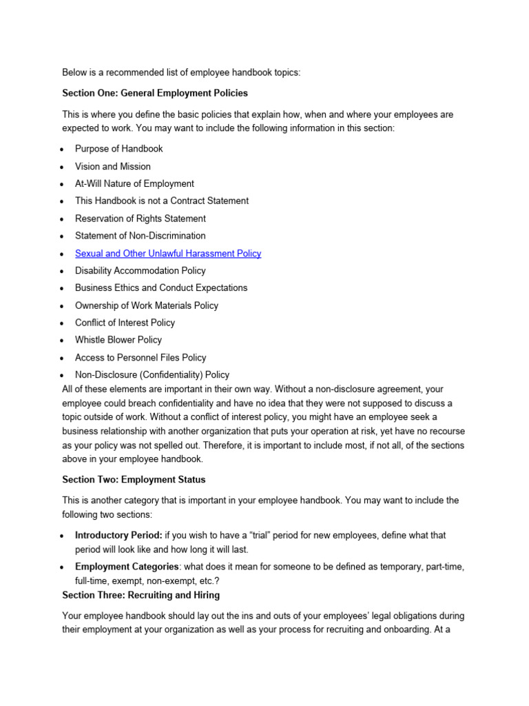 Employee Handbook Pdf Employment At Will Employment