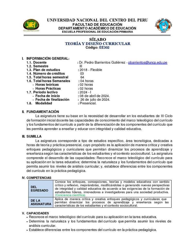 Sílabo de Teoría y Diseño Curricular | PDF | Plan de estudios | Aprendizaje