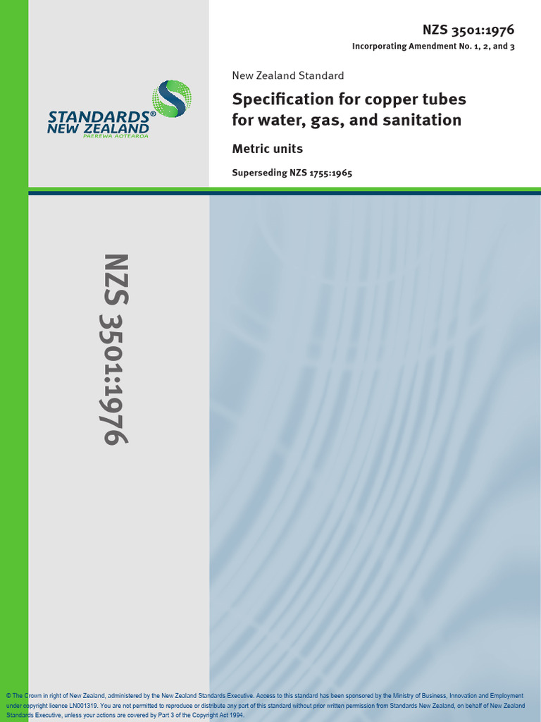 NZS 3501 (1976) Specification For Copper Tubes For Water, Gas and ...