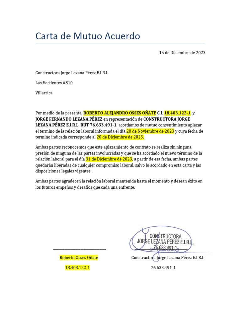 Descubrir 44 Imagen Modelo Carta Mutuo Acuerdo De Las Partes ...