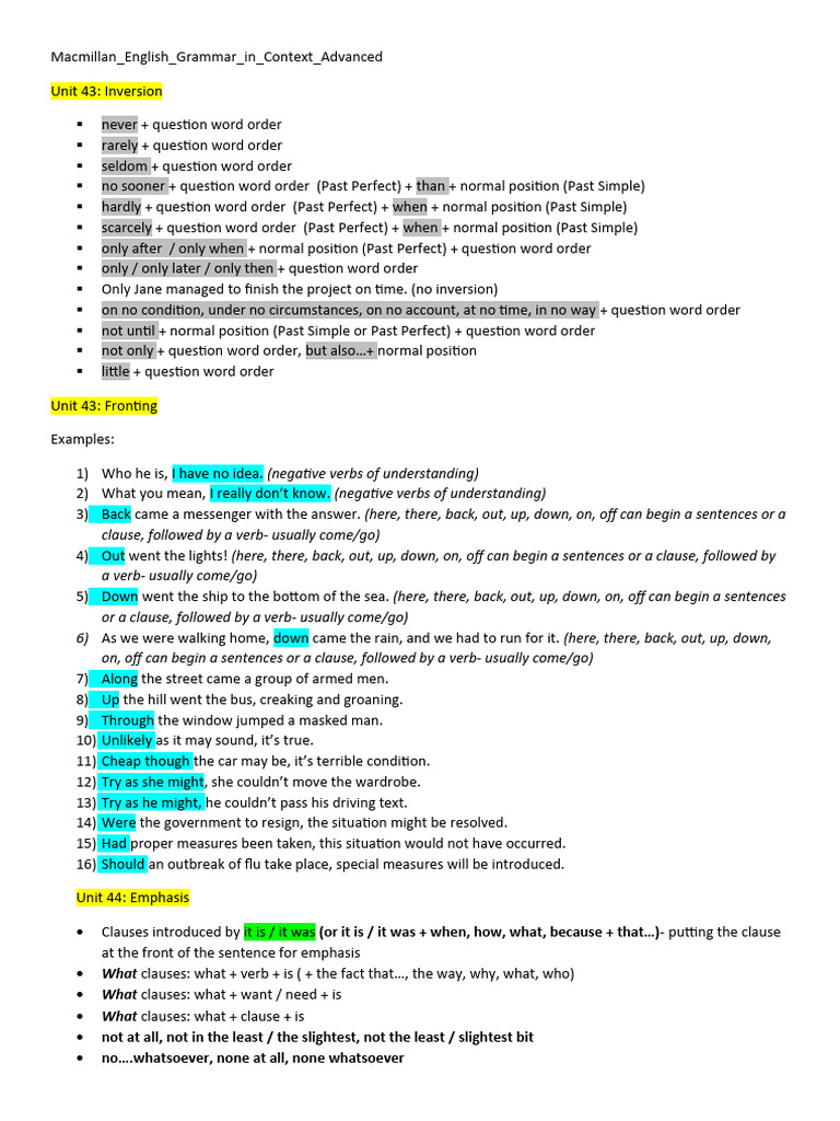 Fronting and Emphasis in English Grammar | PDF | Question | Perfect ...
