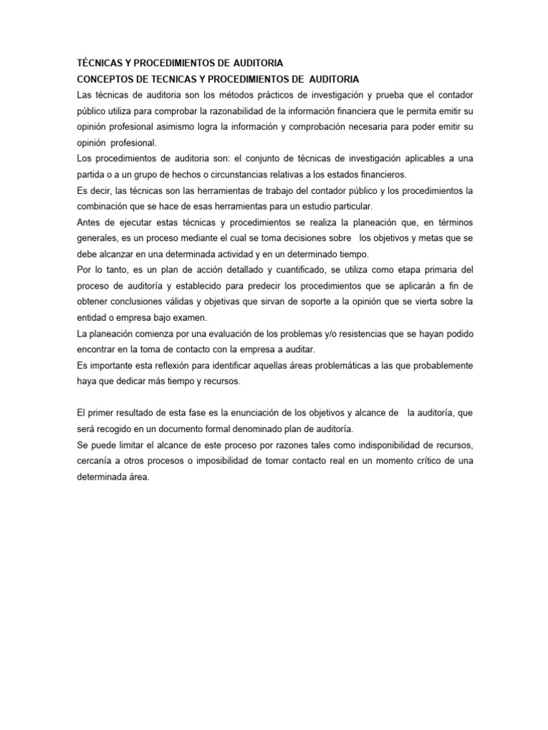 Técnicas Y Procedimientos De Auditoria Pdf Auditoría Contralor