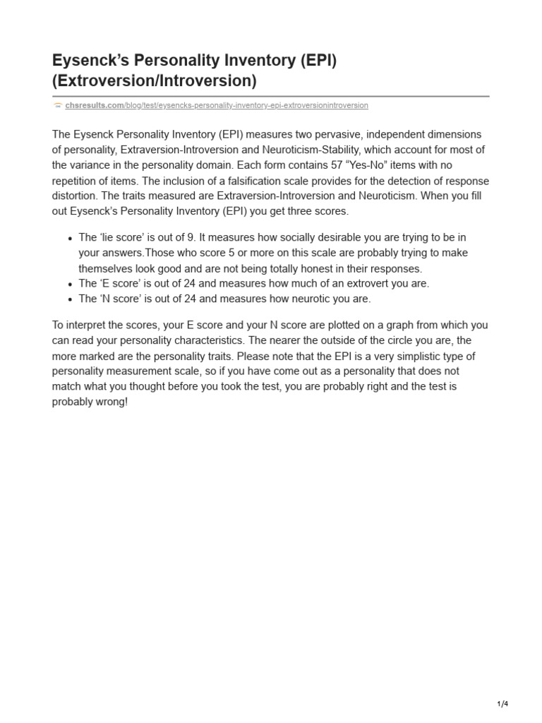 Eysencks Personality Inventory Epi Extroversionintroversion Pdf