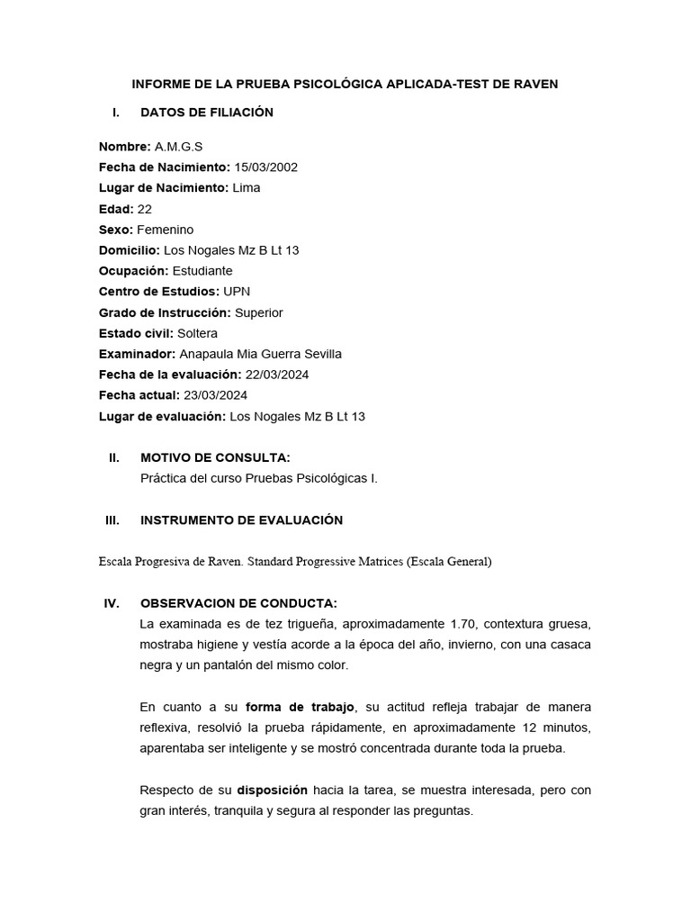 Informe del Test de Raven para Adultos | PDF | Pensamiento ...