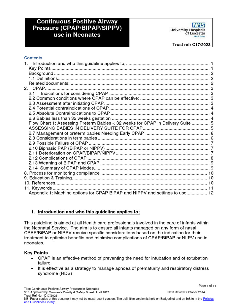 CPAP and BiPAP Guidelines for Neonates | PDF | Apnea | Breathing