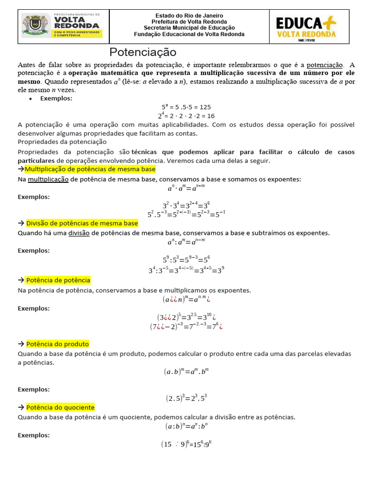 Propriedades da Potenciação e Exercícios | PDF | Exponenciação | Matemática
