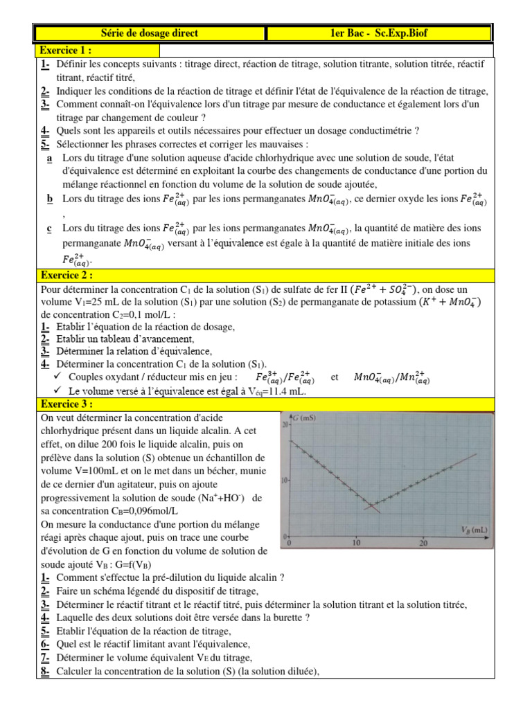 Tableau d'avancement titrage 1er Bac PDF Titrage Chimie — free download