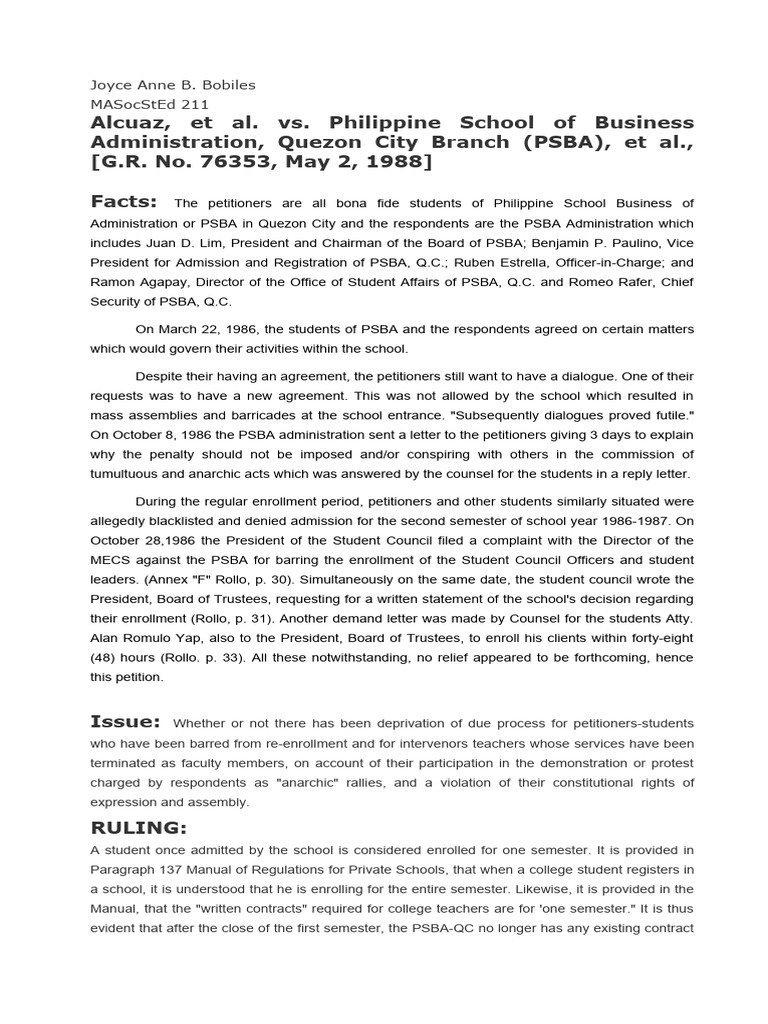 Alcuaz et al vs philippine school of business administration quezon