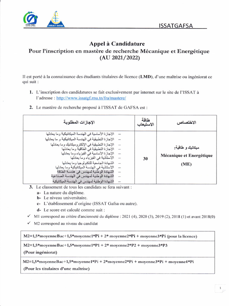 Mastère Mécanique à l'ISSAT Gafsa | PDF | Diplôme académique