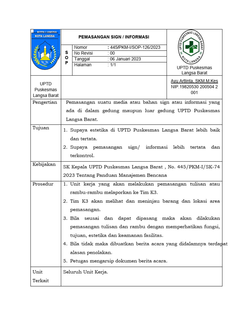 Prosedur Pemasangan Sign Puskesmas Langsa | PDF