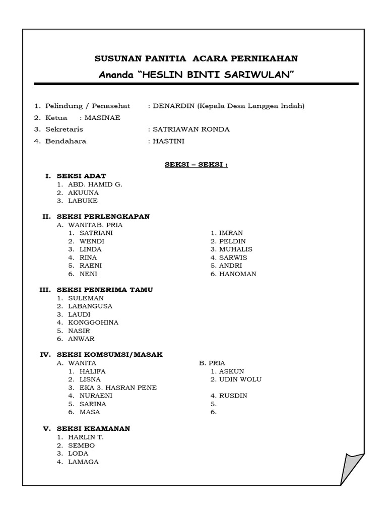Susunan Panitia Acara Pernikahan | PDF
