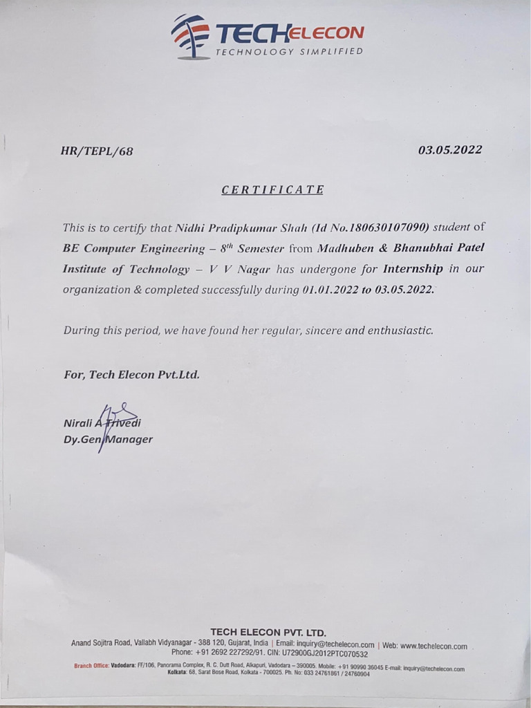 Internship Certificate for Nidhi Shah | PDF | Career & Growth