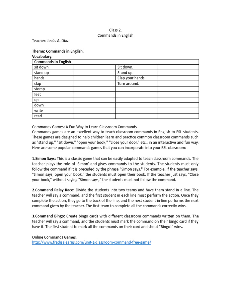 Fun ESL Classroom Commands Games | PDF | Language Arts & Discipline