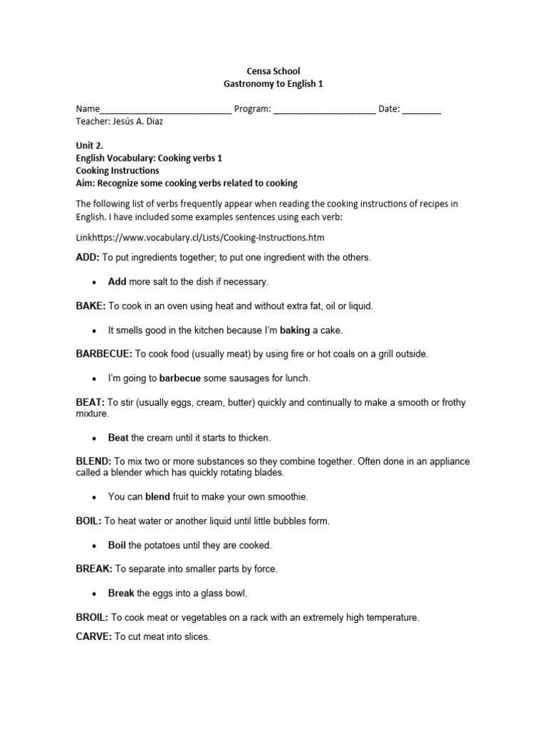 Cooking Verbs 2 Pdf Cooking Grilling