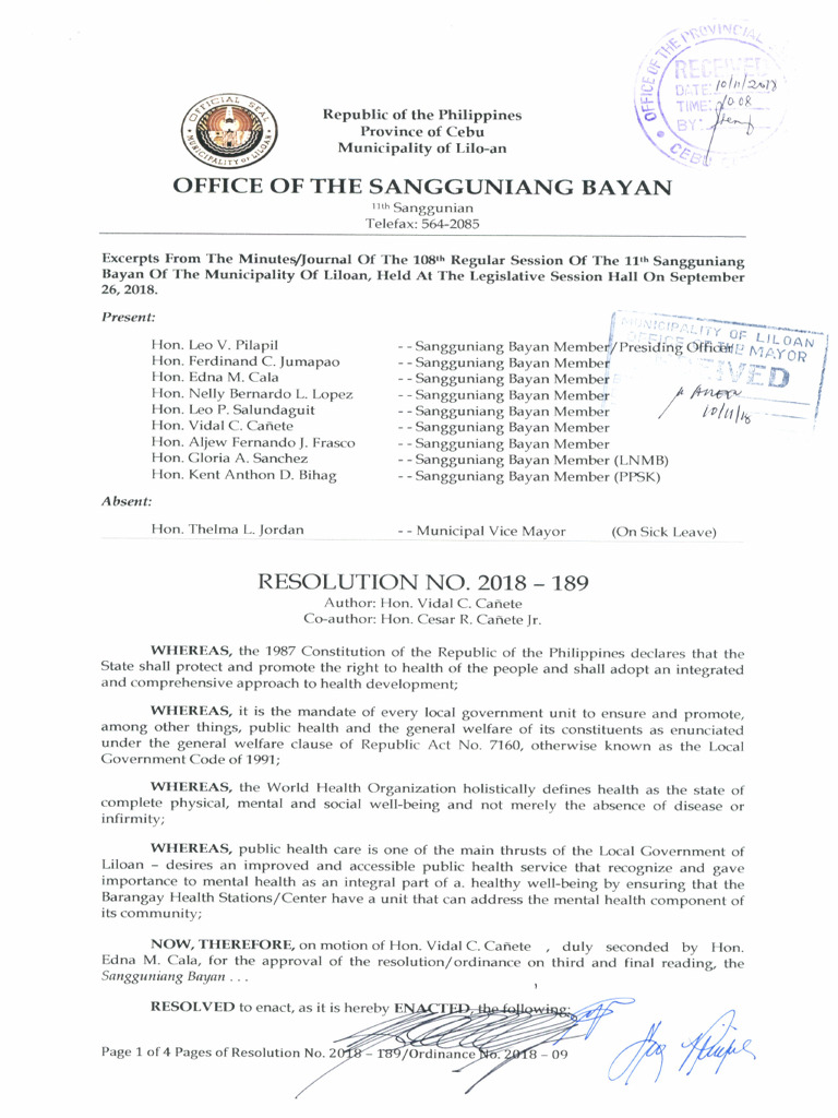 11th SB Ordinance No. 2018-09 - Creating The Barangay Behavioral Health ...