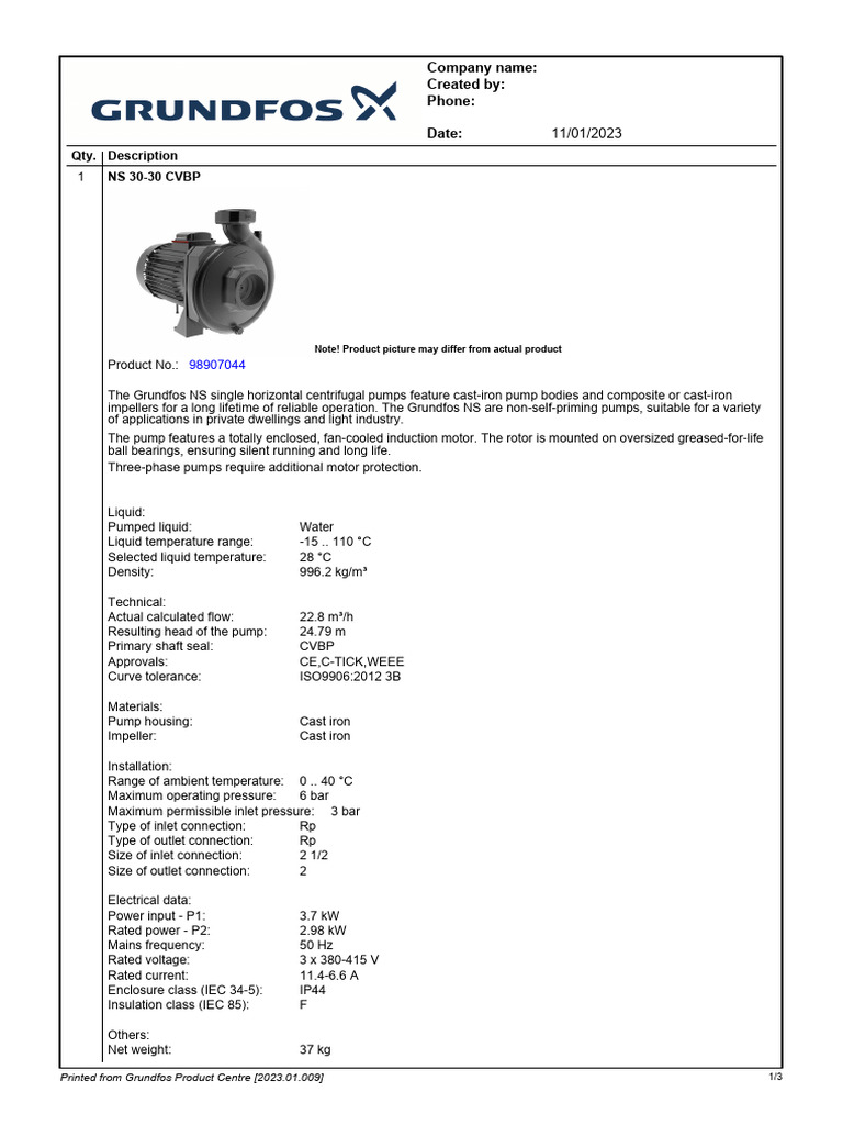 GrundfosPump NS 3030 CVBP | PDF | Pump | Electric Motor