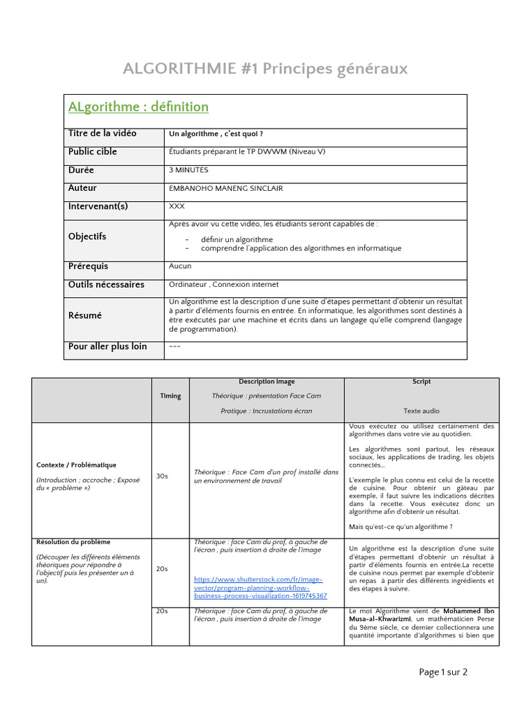 Script ALgorithme Définition DWWM | PDF | Algorithmes | Programmation ...