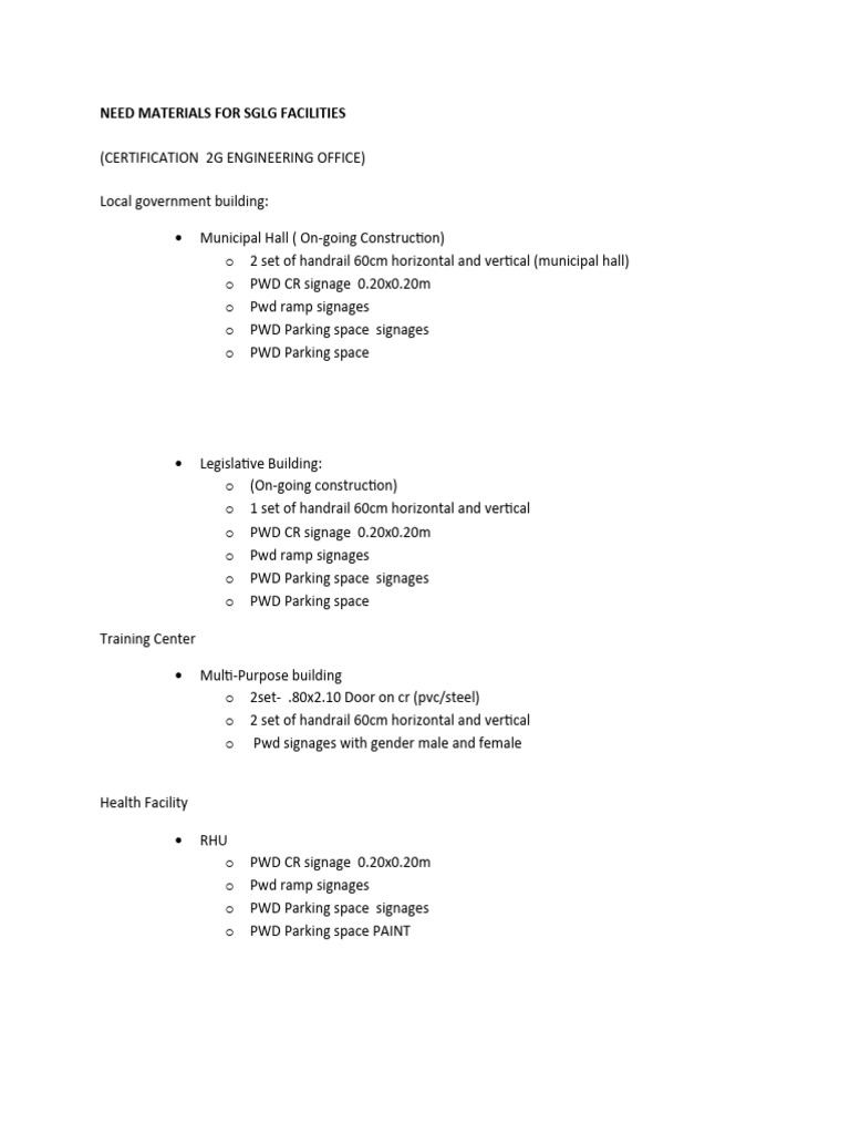 Need Materials For SGLG Facilities | PDF