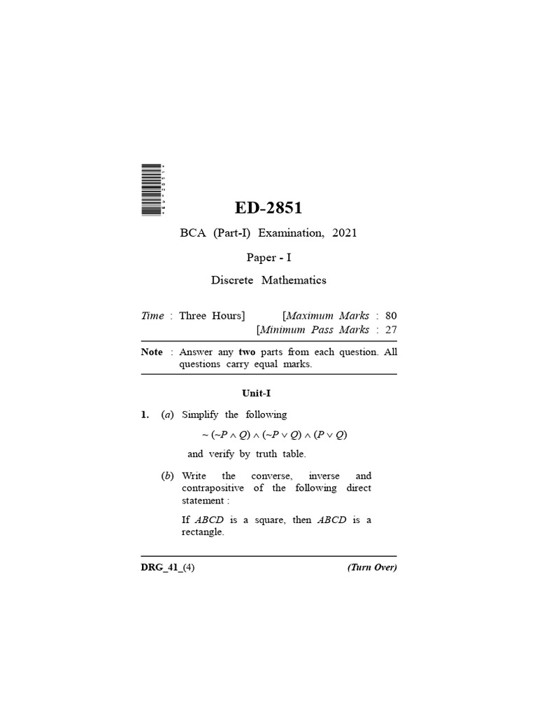 Bca part 1 discrete mathematics ed 2851 2021 pdf boolean algebra