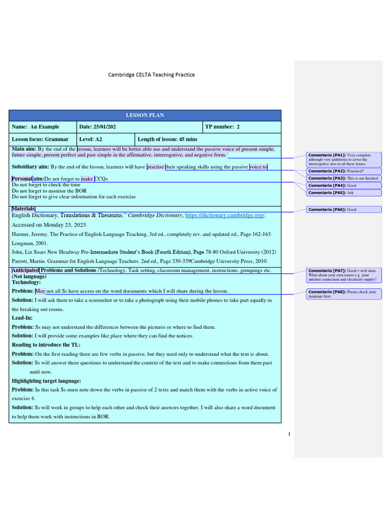 Sample Grammar Lesson Plan At Tp2 Pdf Verb Grammatical Tense