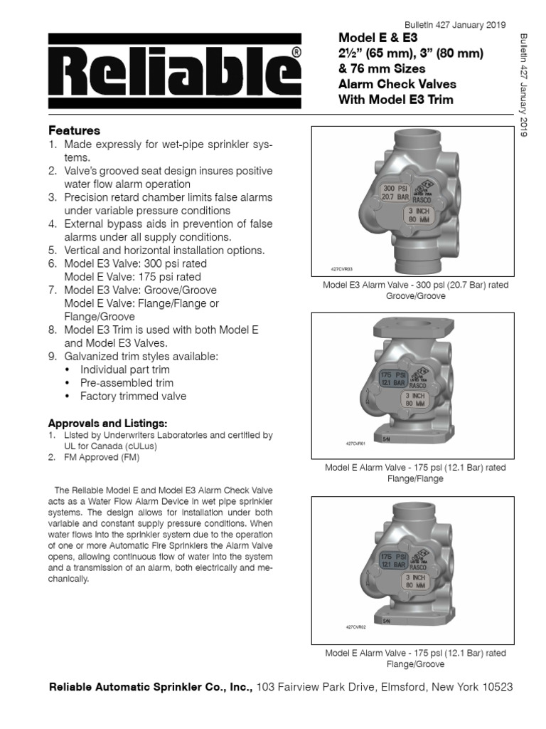 Reliable Model E & E3 Alarm Check Valves | PDF | Valve | Fire Sprinkler ...
