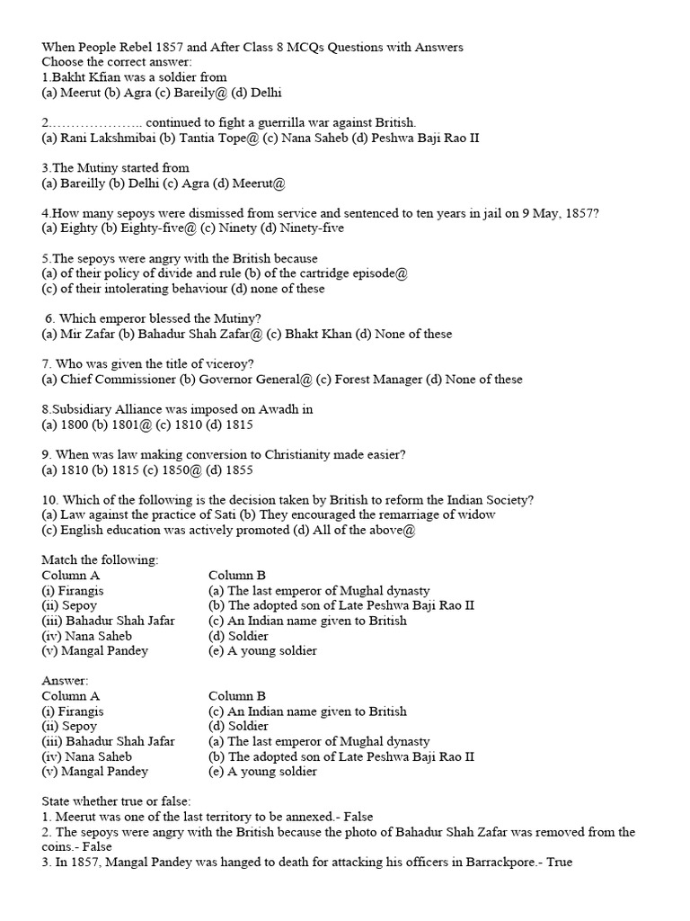 When people rebel 1857 and after class 8 mcqs questions with answers pdf