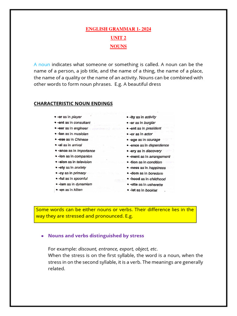 ENGLISH GRAMMAR 1 Unit 2 | PDF | Noun | Grammatical Number