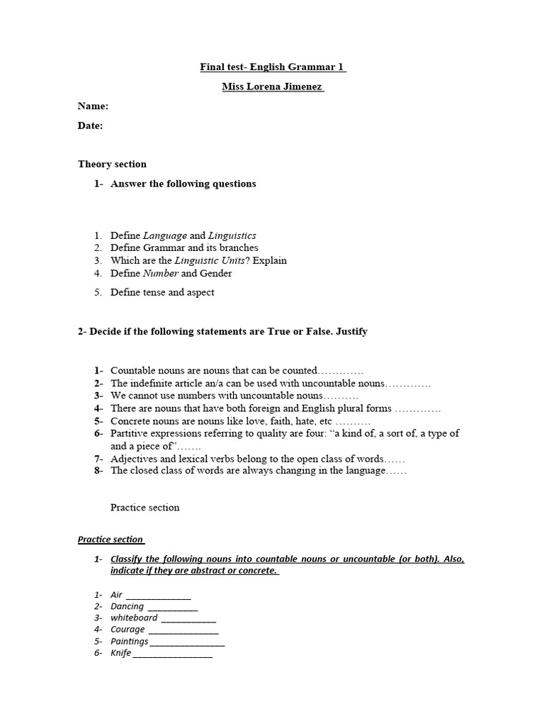 First practice test pdf noun grammatical number