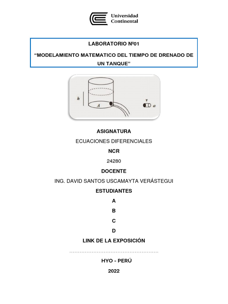 Modelamiento del Drenado de un Tanque | PDF | Ecuaciones | Velocidad