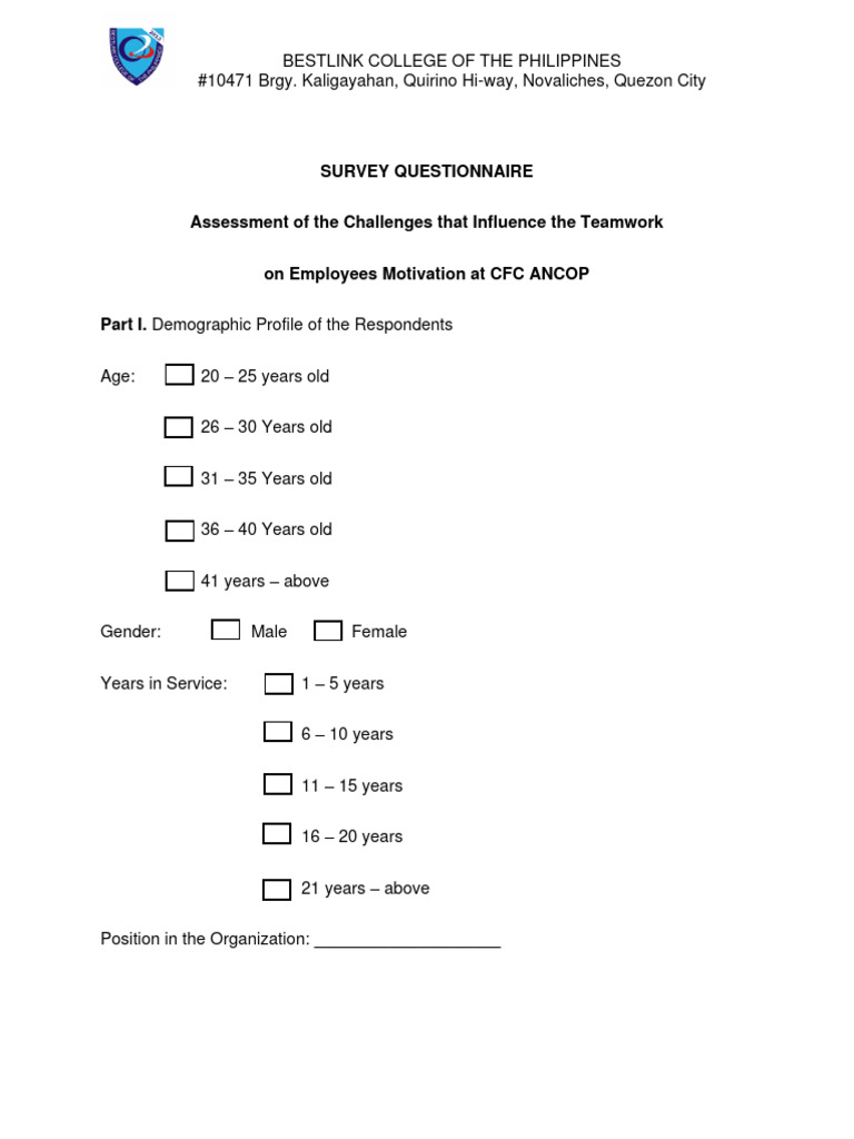 Teamwork and Motivation Survey at CFC ANCOP | PDF | Questionnaire ...