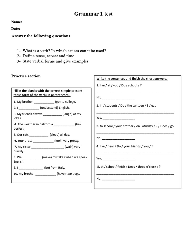 Grammar Test1 Pdf Cost Of Living Verb