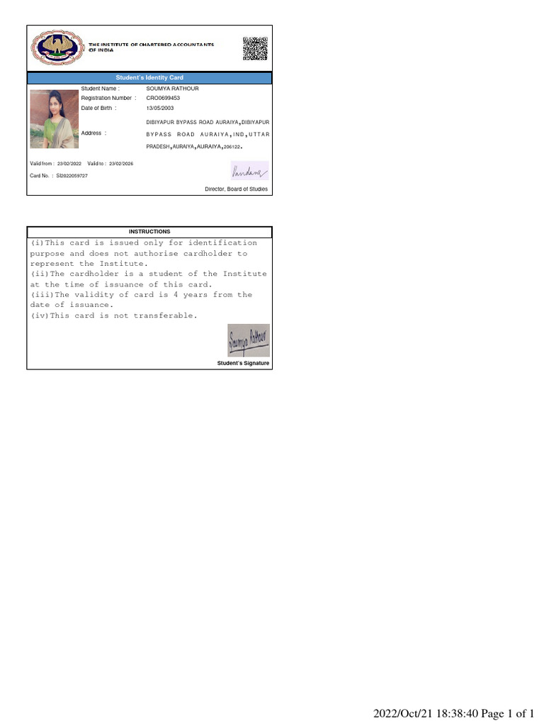Student Identity Card Details | PDF