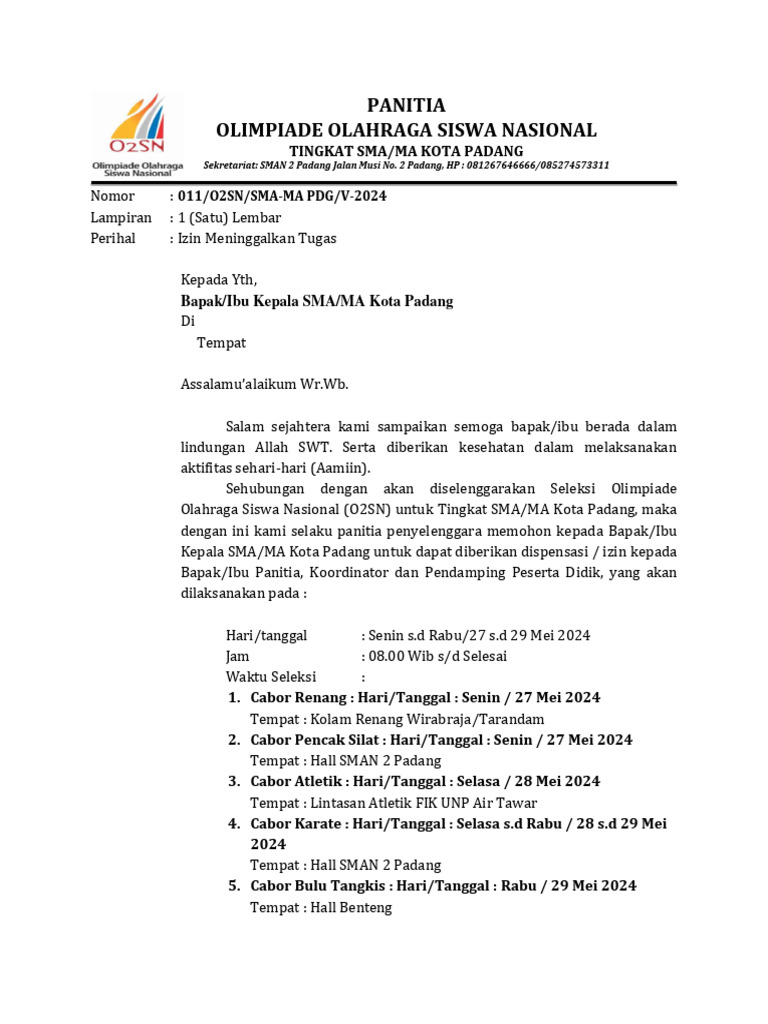 Izin Meninggalkan Tugas O2SN Padang | PDF