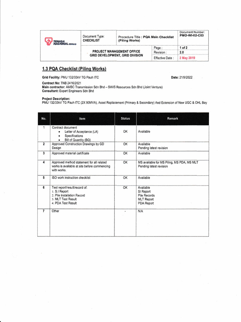 PQA Checklist for Piling Works | PDF | Deep Foundation | Welding
