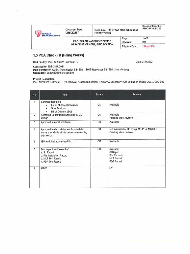 PQA Piling Report PMU Tanjung Pauh ITC | PDF
