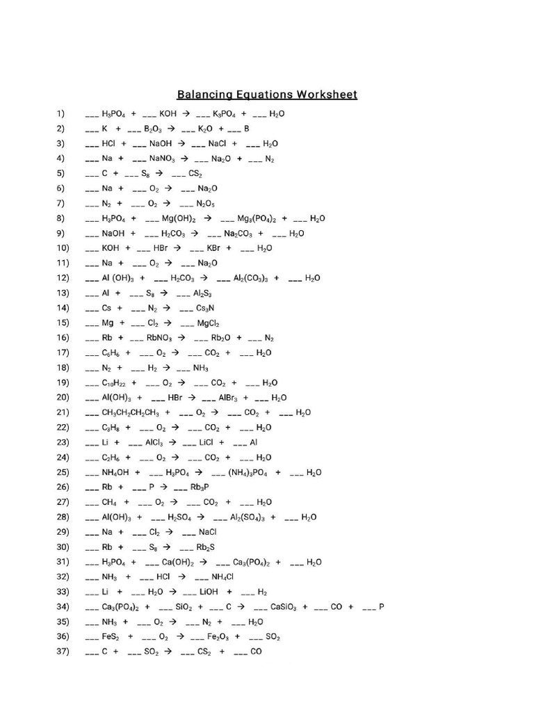 Balancing Equations Worksheet | PDF